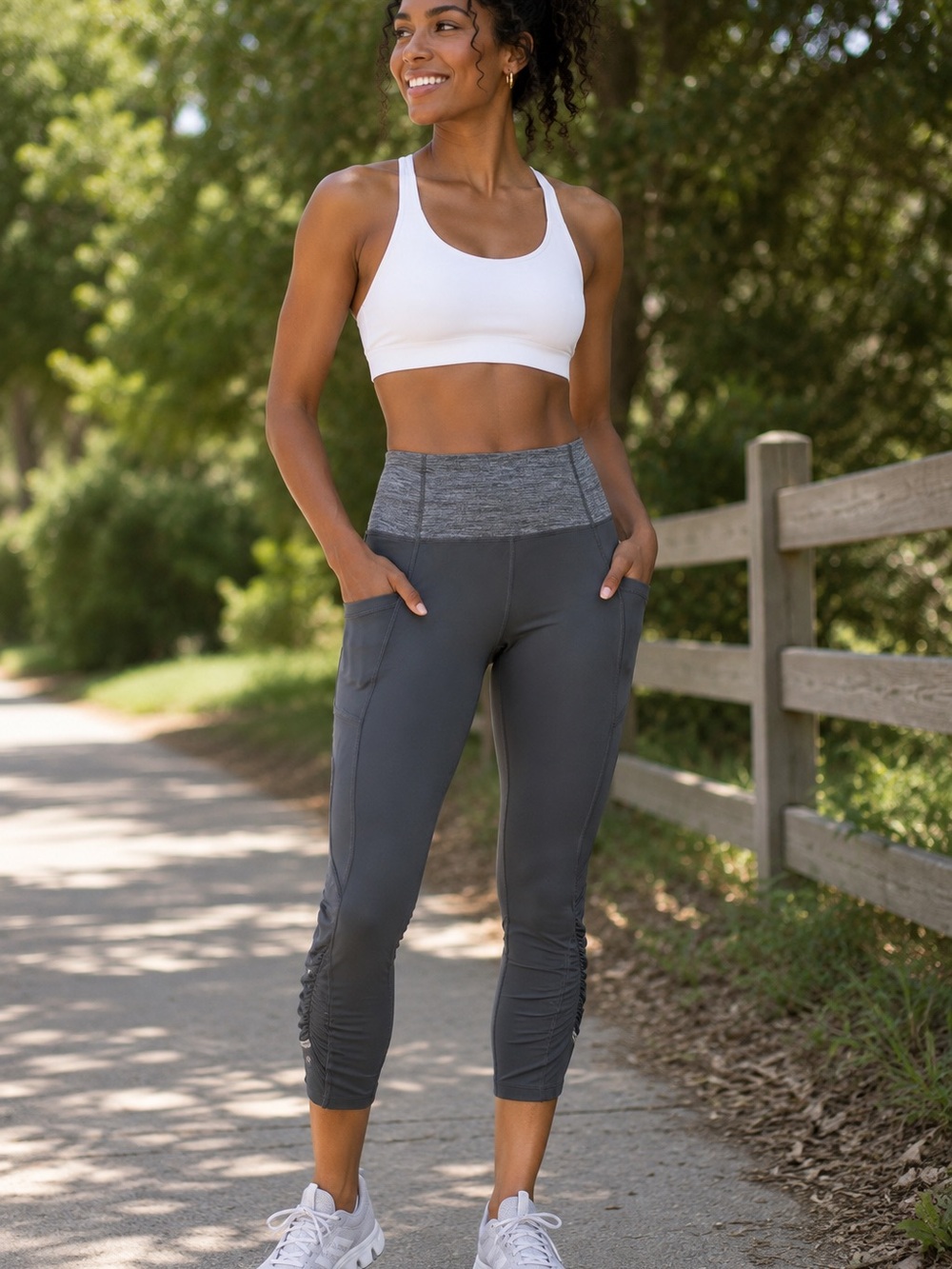 Lululemon Gray Ruched Crop Leggings Size 6 Side Pocket Zip Waist Running Yoga